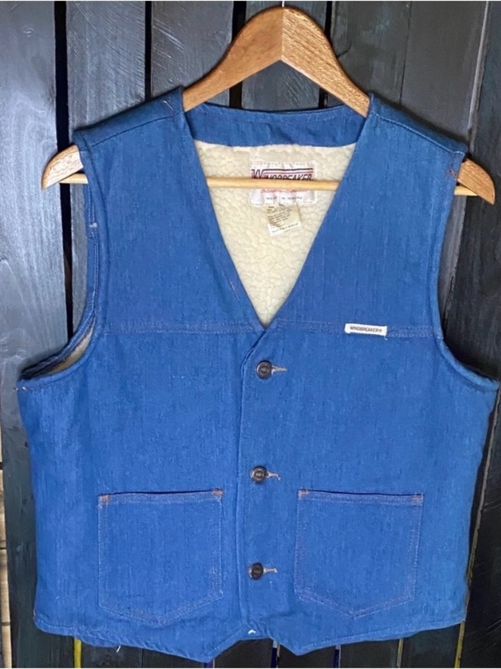Vintage Windbreaker western Blue Denim sherpa lined Vest size medium made Macau